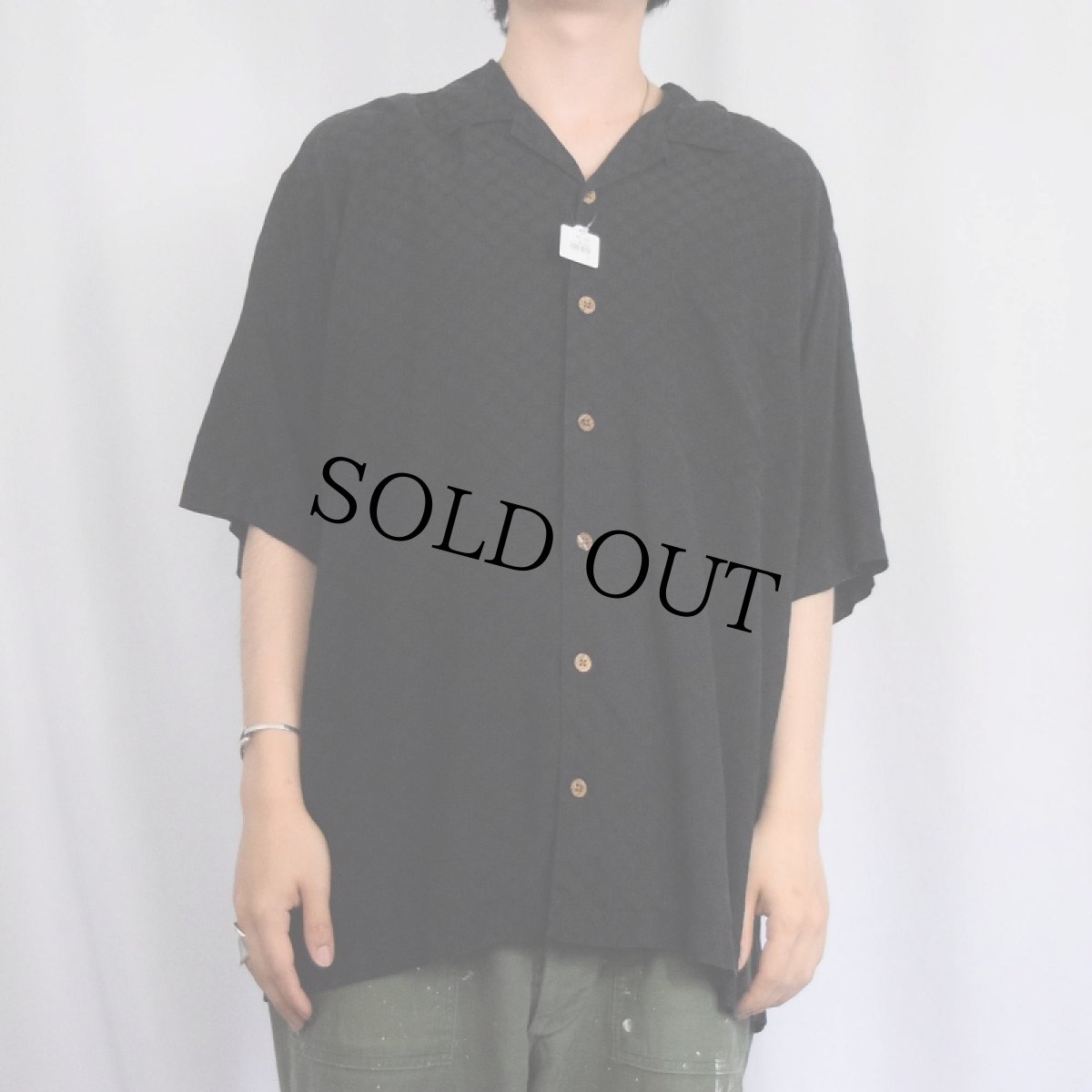 画像2: Tommy Bahama 柄織り オープンカラーシルクシャツ BLACK M (2)