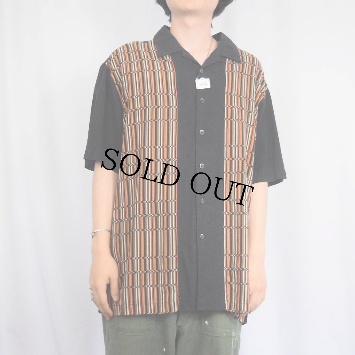 画像2: AXIST ストライプ柄切り替え シルク×コットン ロカビリーシャツ XL (2)