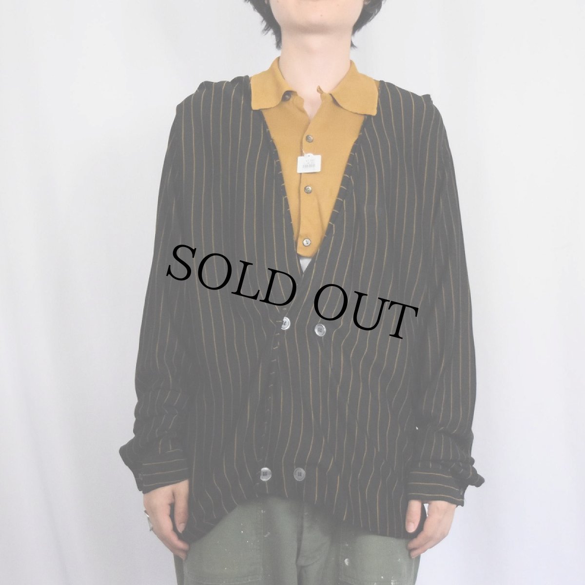 画像2: 〜70's DIPLOMAT USA製 ストライプ柄 レイヤードデザイン アセテートニットカーディガン L (2)