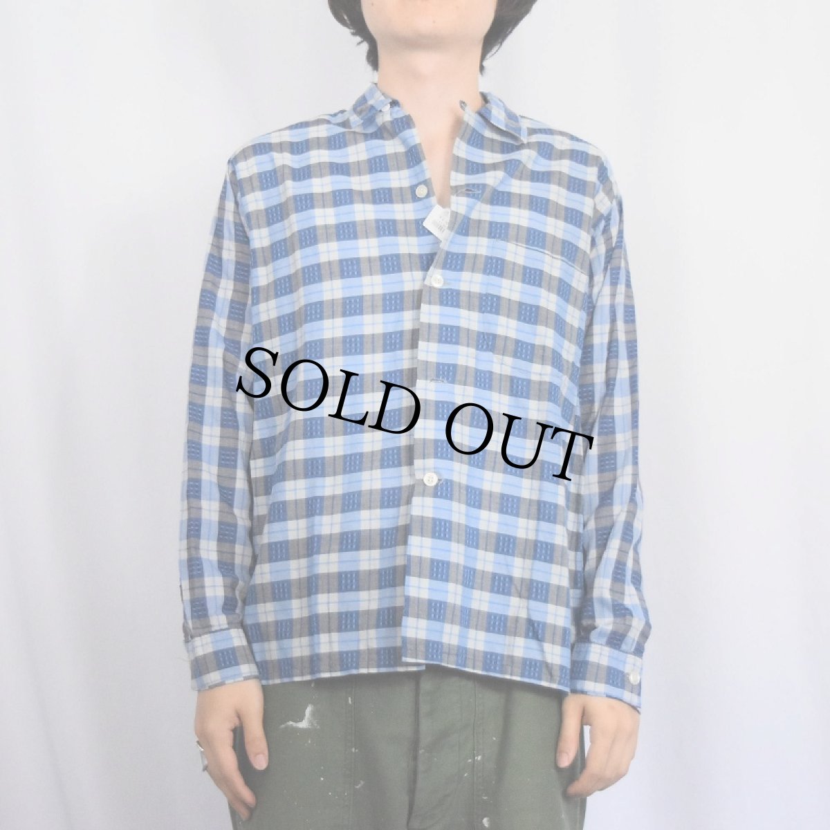 画像2: 60's Galey & Lord 柄織り チェック柄 オープンカラーシャツ M (2)