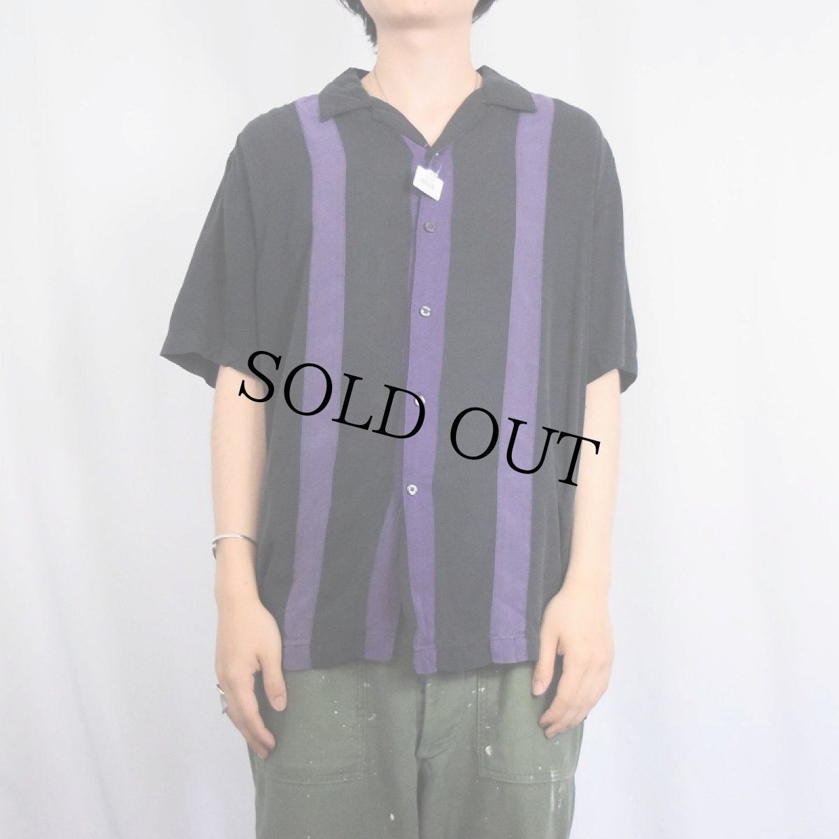 画像2: AXIST ストライプ柄 オープンカラーシルクシャツ L (2)