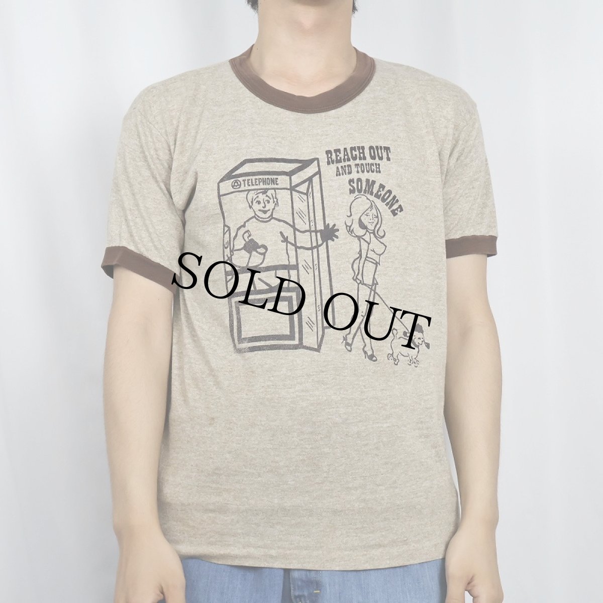 画像2: 80's USA製 "REACH OUT AND TOUCH SOMEONE" イラストプリントリンガーTシャツ L (2)