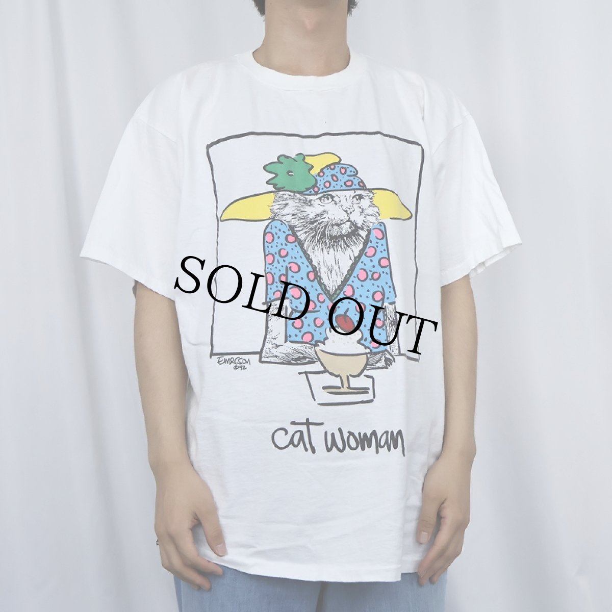 画像2: 90's Listen Honey EMERSON "cat woman" 猫イラストプリントTシャツ XL (2)