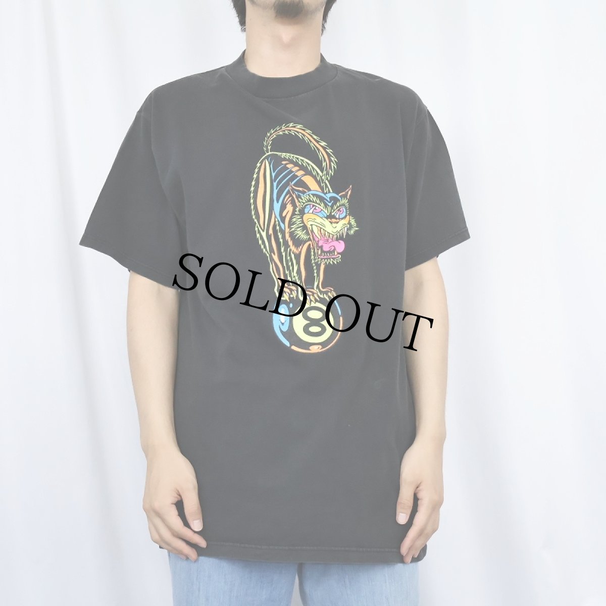 画像2: 猫 ロウブロウアートプリントTシャツ BLACK L (2)