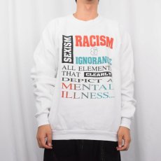 画像3: 90's USA製 "RACISM&IGNORANCE..." メッセージプリントラグランスウェット XL (3)