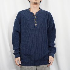 画像2: 90's Eddie Bauer USA製 ヘンリーネック コットンニットセーター NAVY M (2)