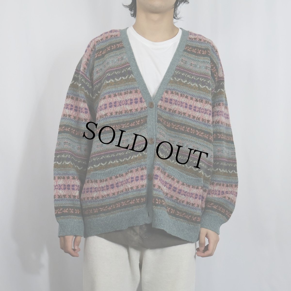画像2: 80〜90's Eddie Bauer フェアアイル柄 ウールニットカーディガン L (2)