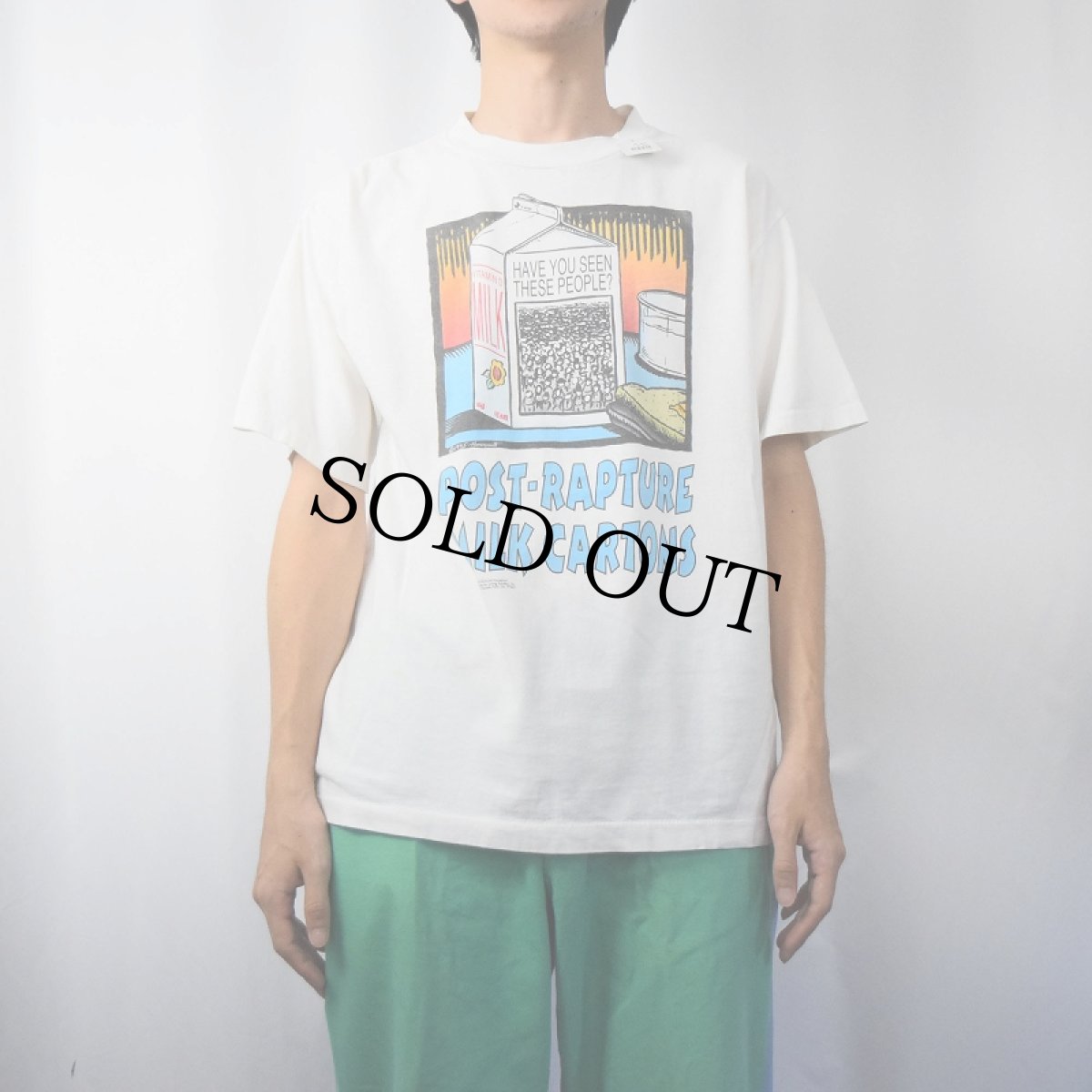 画像2: 90's USA製 "POST-RAPTURE MILK CARTONS" イラストプリントTシャツ L (2)