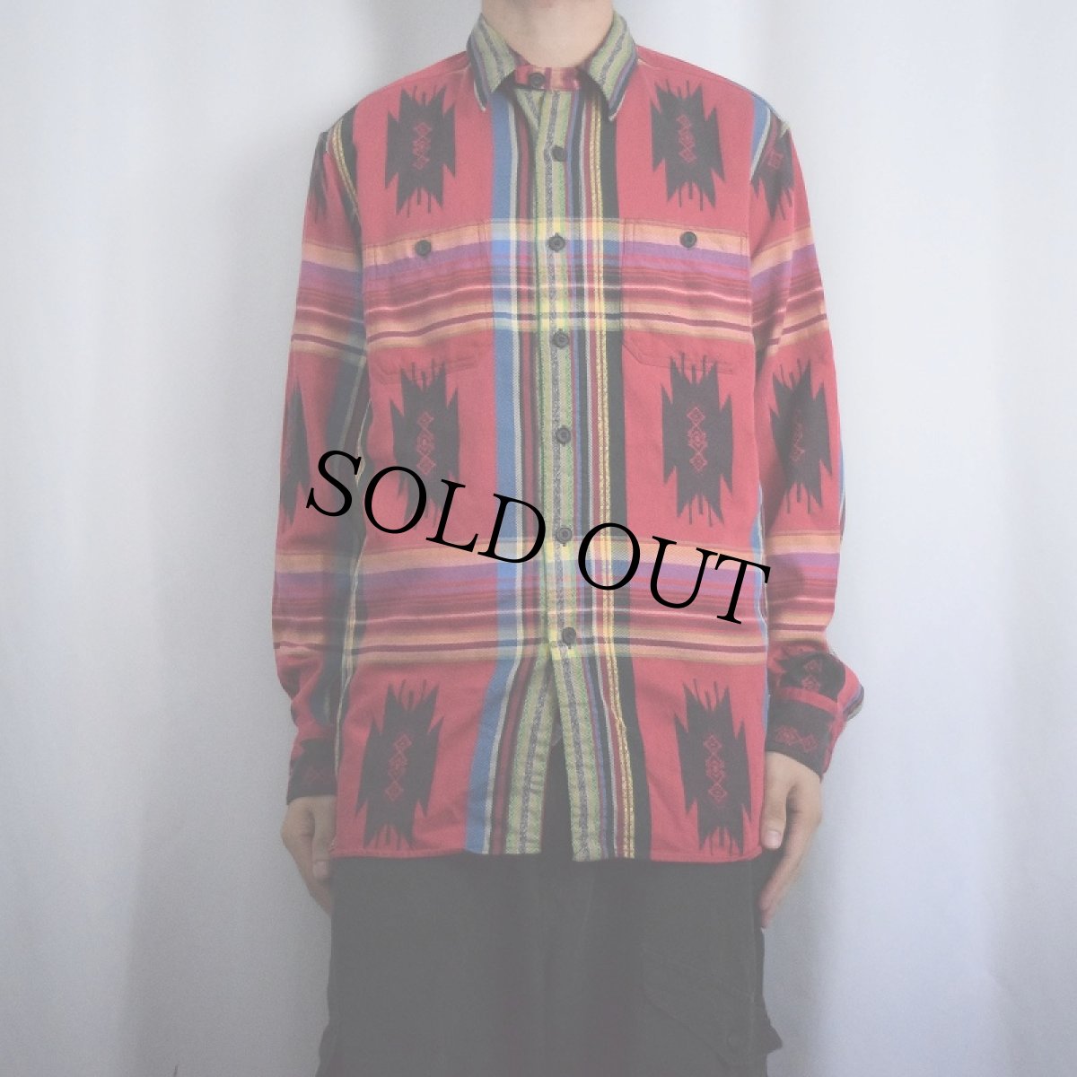 画像2: POLO Ralph Lauren ネイティブ柄×チェック柄 マチ&チンスト付き コットンシャツ L (2)
