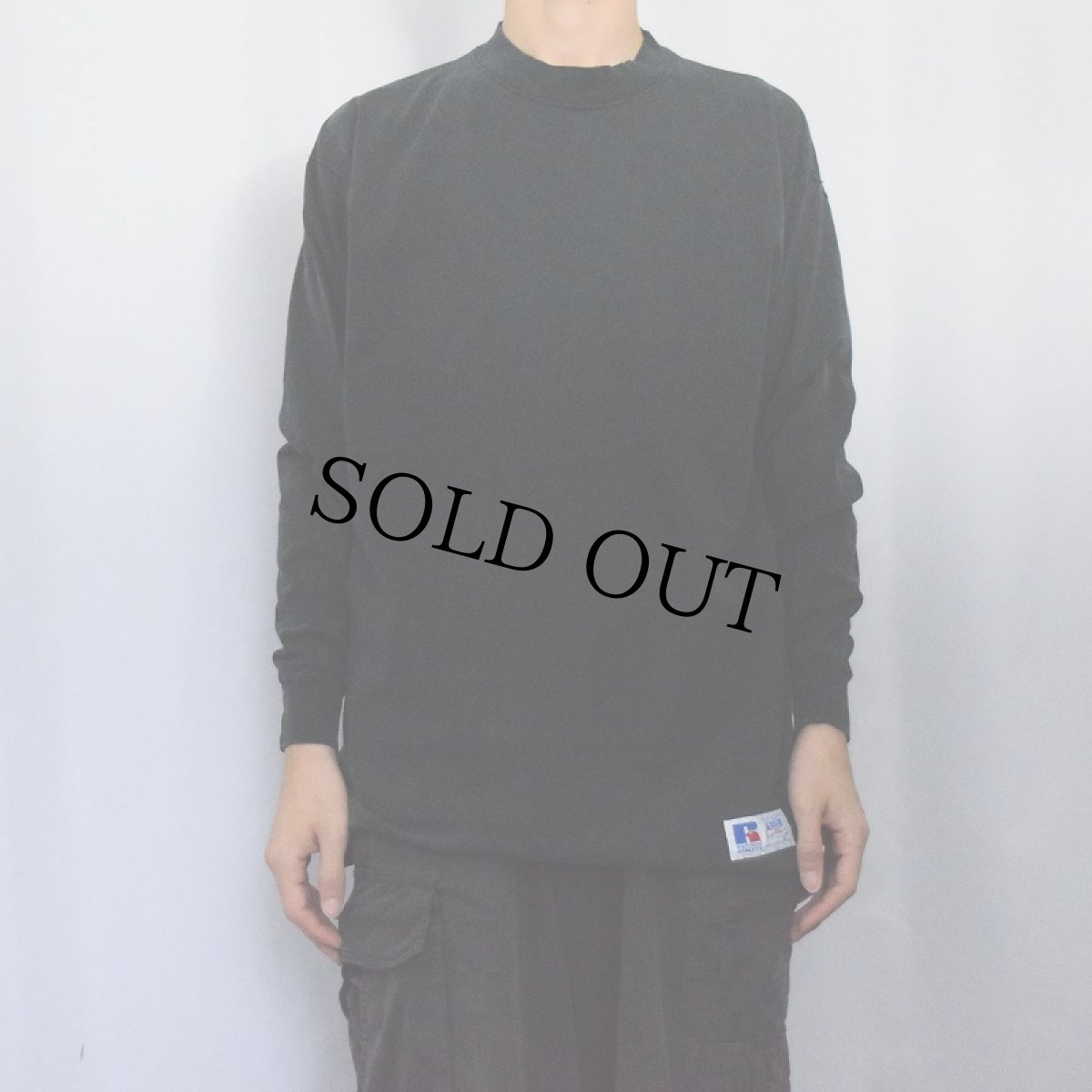 画像2: 90's RUSSELL ATHLETIC USA製 "HIGH COTTON" 無地 モックネックロンT BLACK XL (2)