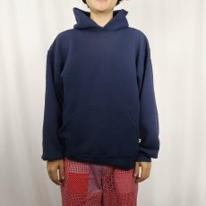 画像2: 90's RUSSELL ATHLETIC USA製 無地スウェットフーディー NAVY L (2)