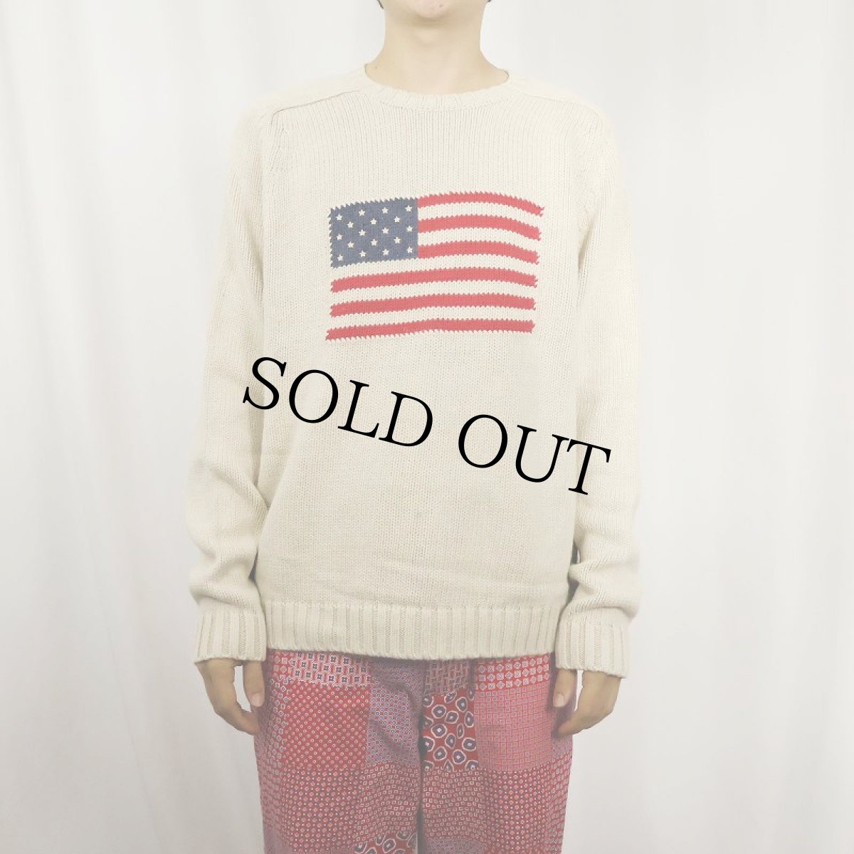 画像2: 90's LANDS' END 星条旗柄 コットンニットセーター L (2)