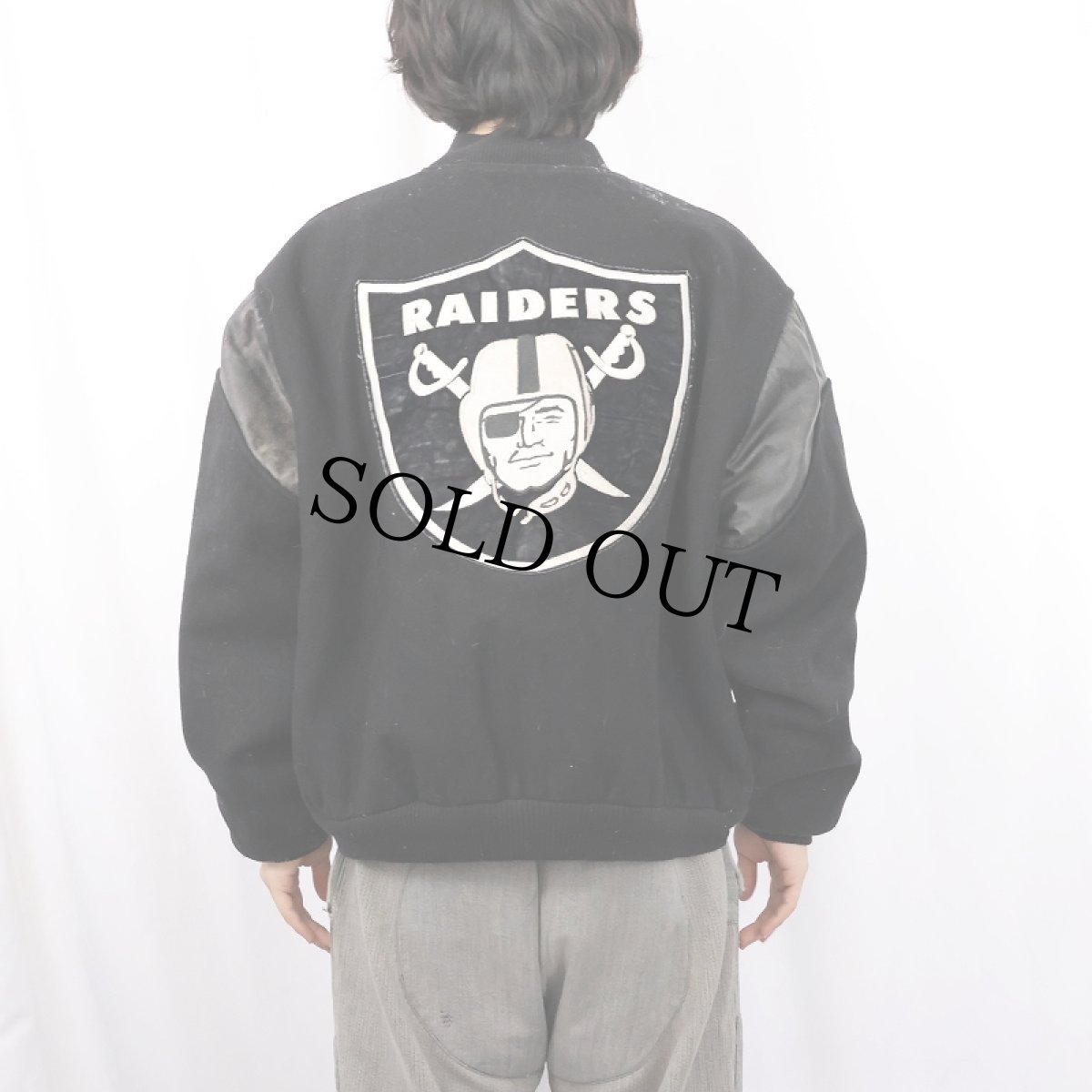 画像4: 80's NFL RAIDERS フットボールチーム レザー×メルトンウール スタジャン BLACK XXL (4)