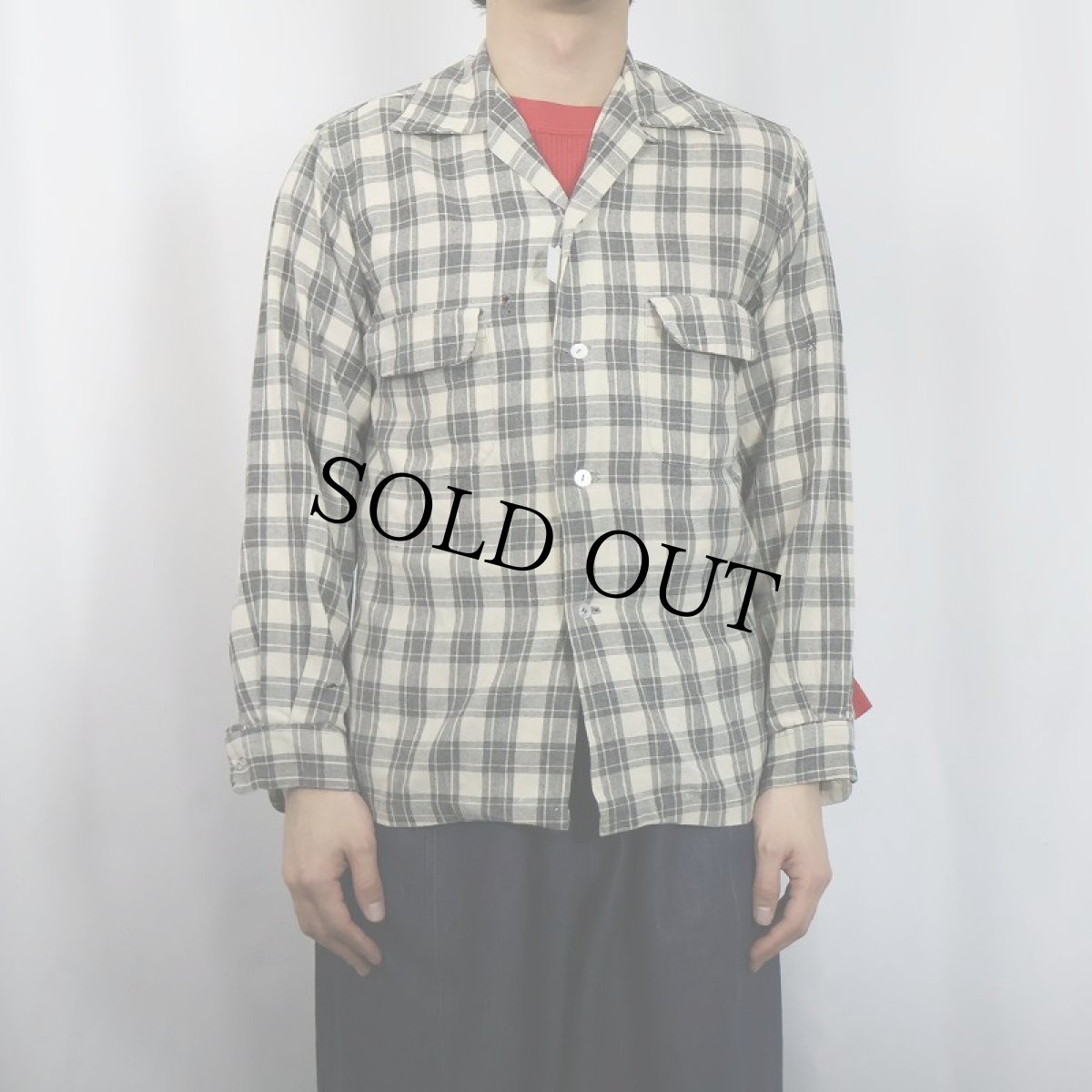 画像2: 50s Locoforea USA製 チェック柄 アクリル×ウール オープンカラーシャツ S (2)