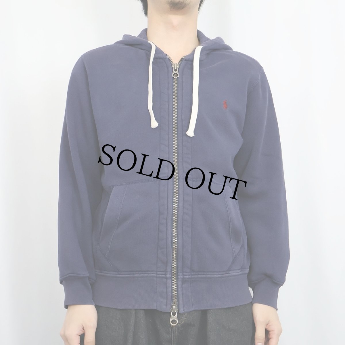 画像2: POLO Ralph Lauren ロゴ刺繍 裏サーマル スウェットジップパーカー NAVY M (2)