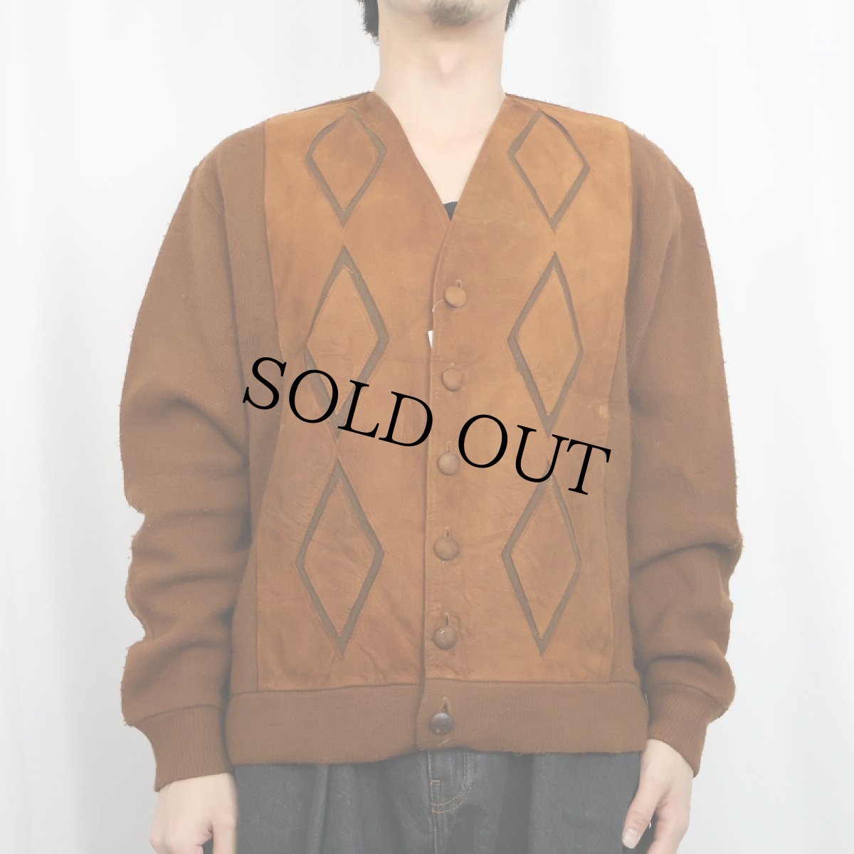 画像2: 〜70's スエード切り替え ウールニットカーディガン (2)