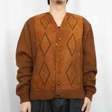 画像2: 〜70's スエード切り替え ウールニットカーディガン (2)