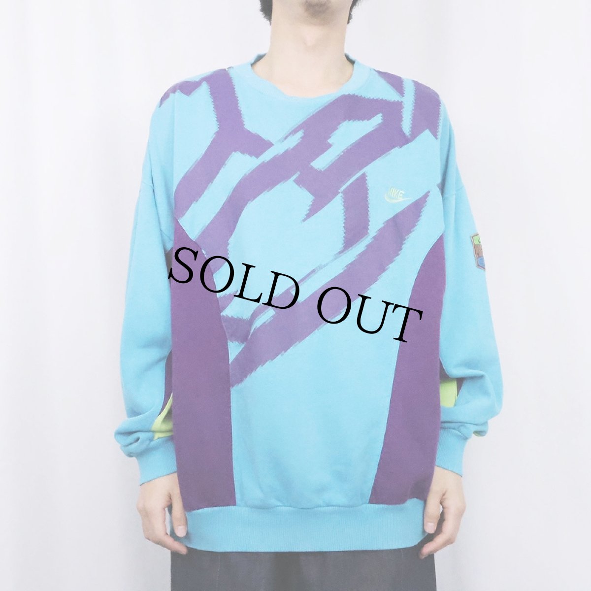 画像2: 90's NIKE PREMIER ロゴ刺繍 切り替えデザイン プリントスウェット L (2)