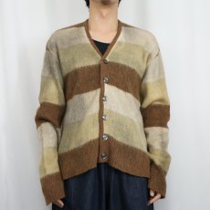 画像2: 60's Fines ボーダー柄 ウール×モヘアニットカーディガン M (2)