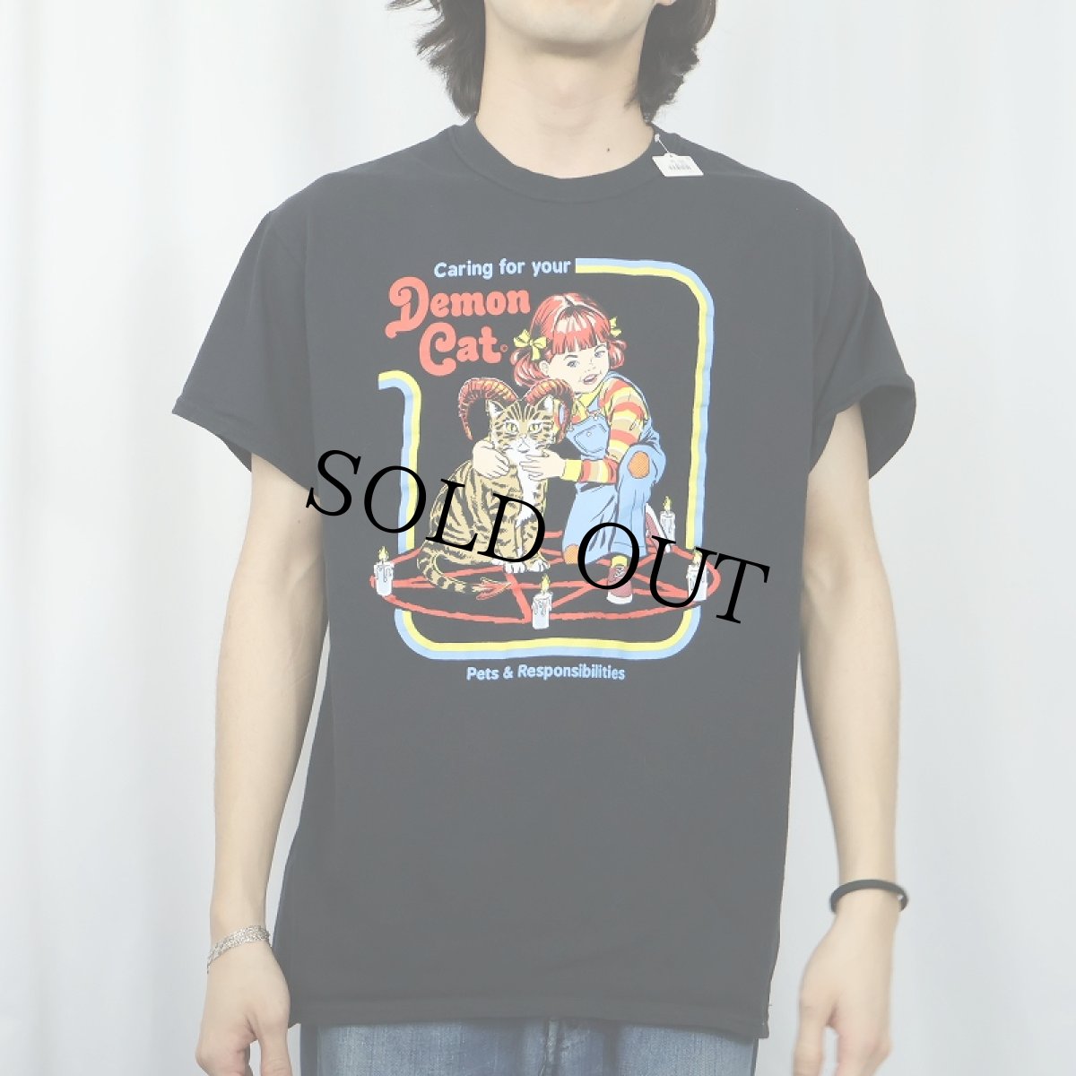 画像2: Steven Rhodes "Demon Cat" イラストプリントTシャツ BLACK L (2)