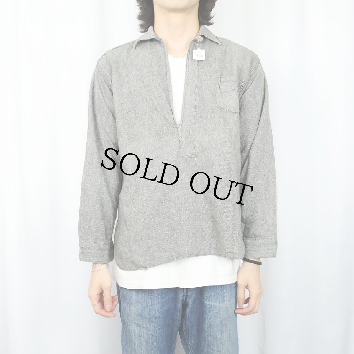 画像2: 30〜40's 杢グレー チンスト付き コットンプルオーバーシャツ (2)