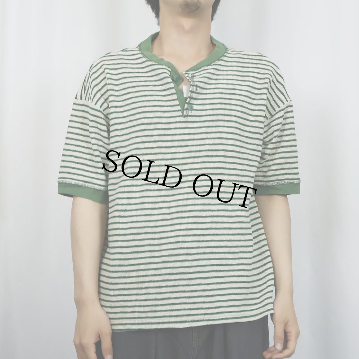 画像2: 80's〜 WISE GUY ボーダー柄 ヘンリーネック ワッフルTシャツ L (2)