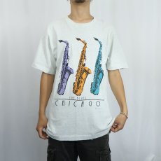 画像2: 90's USA製 "THE BLUES CHICAGO" サックスプリントTシャツ L (2)