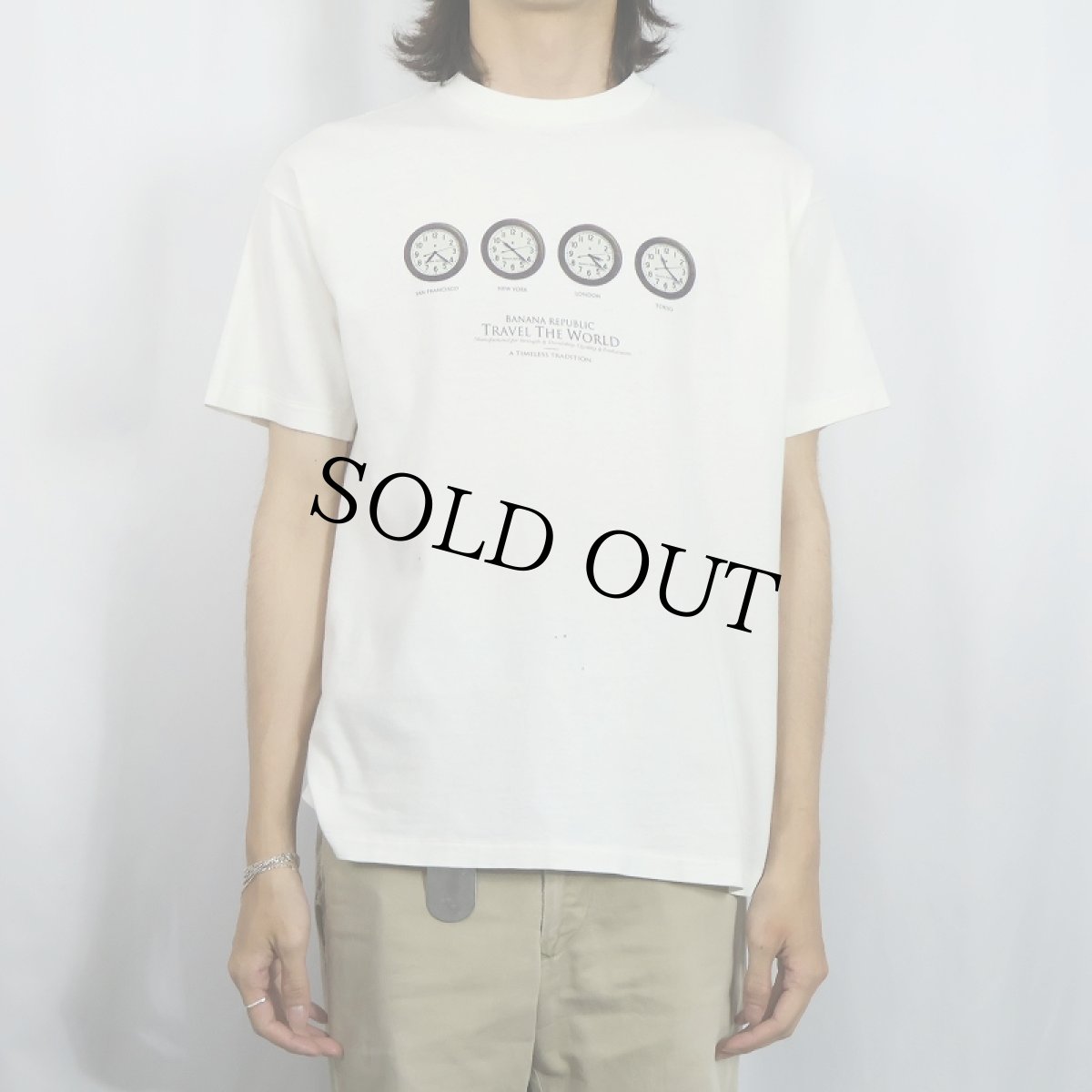 画像2: 90's BANANA REPUBLIC USA製 "TRAVEL THE WORLD" 時計プリントTシャツ S (2)