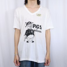 画像2: 70's "PIGS ARE BEAUTIFUL" Vネック ブタイラストプリントTシャツ DEADSTOCK XL (2)