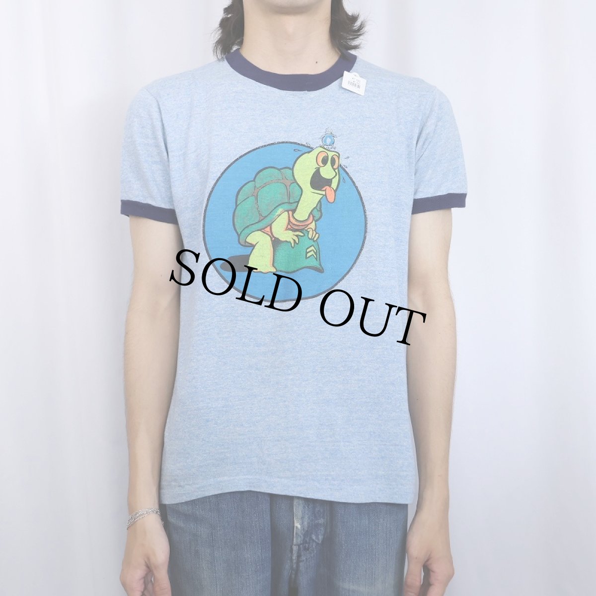 画像3: 80's 亀×蝶 イラストプリントリンガーTシャツ L (3)