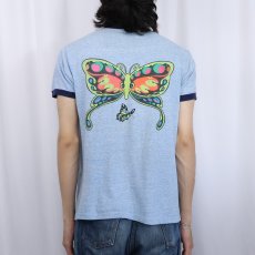 画像4: 80's 亀×蝶 イラストプリントリンガーTシャツ L (4)