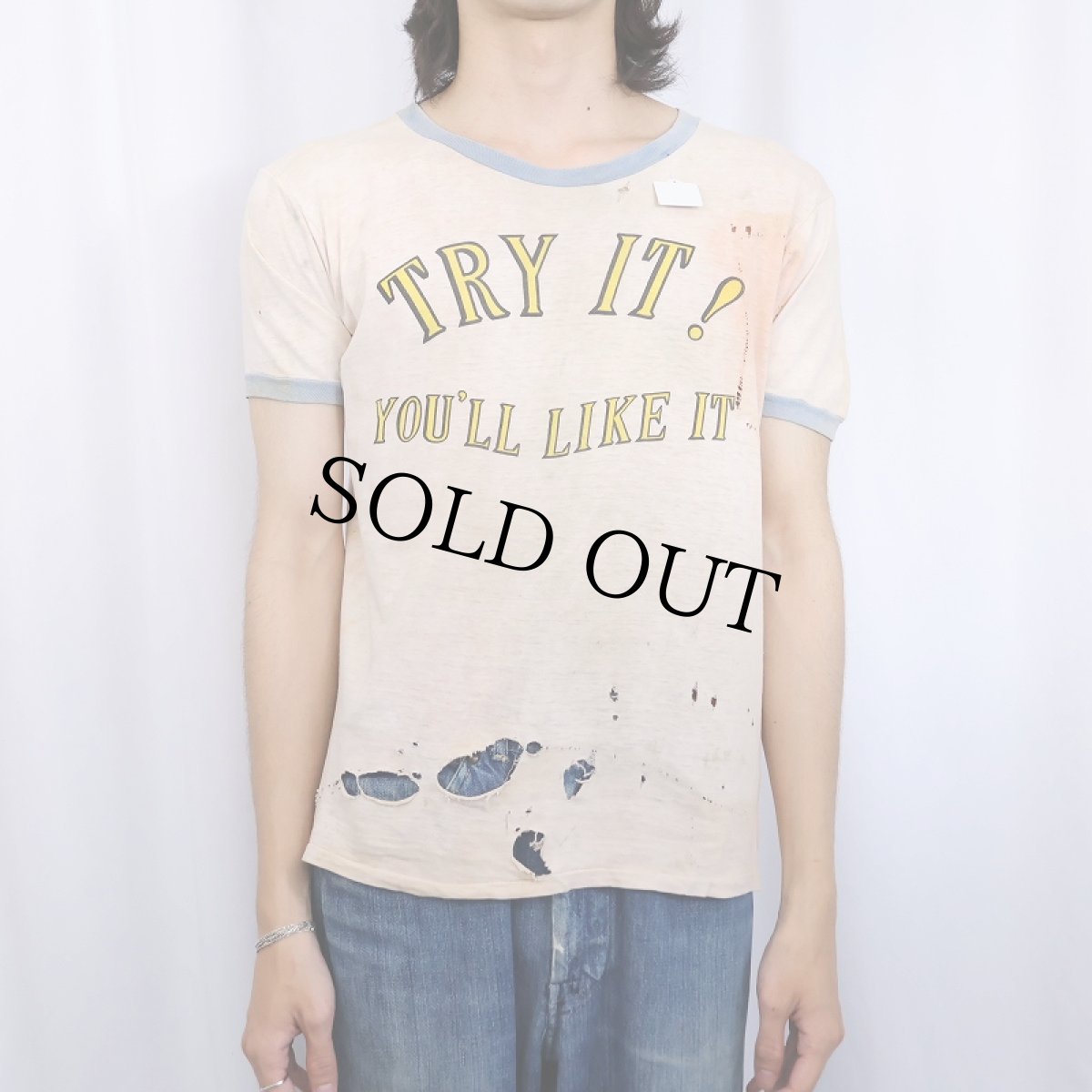 画像4: 70〜80's "TRY IT ! YOU'LL LIKE IT" メッセージプリント リンガーTシャツ (4)