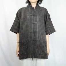 画像2: 格子柄 リネンチャイナシャツ XL (2)