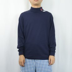 画像2: 90's Indians USA製 ロゴ刺繍 モックネック ロンT NAVY M (2)