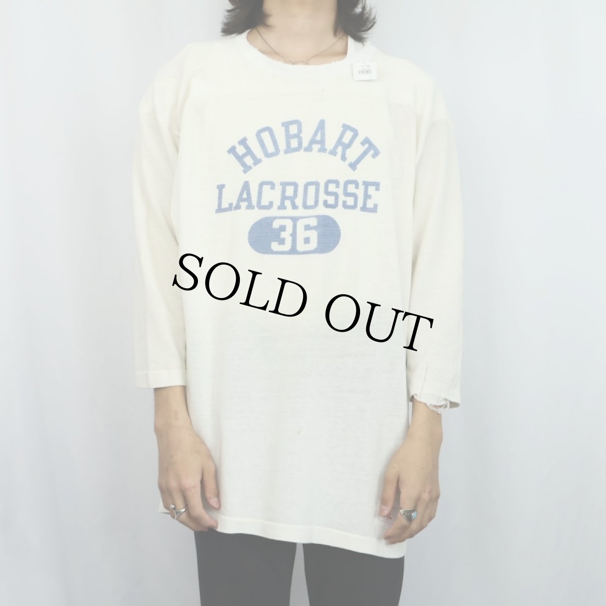 画像2: 60's Champion "HOBART LACROSSE" 染み込みプリント レーヨンフットボールTシャツ XL (2)