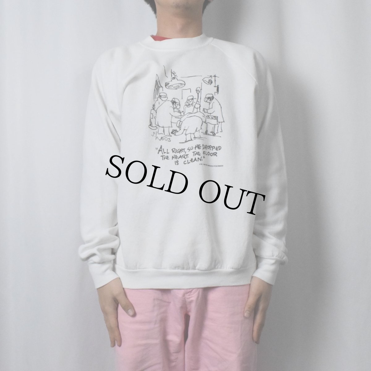 画像2: 90's Sidney Harris USA製 "ALL RIGHT, SO DROPPED..." イラストプリントラグランスウェット XL (2)