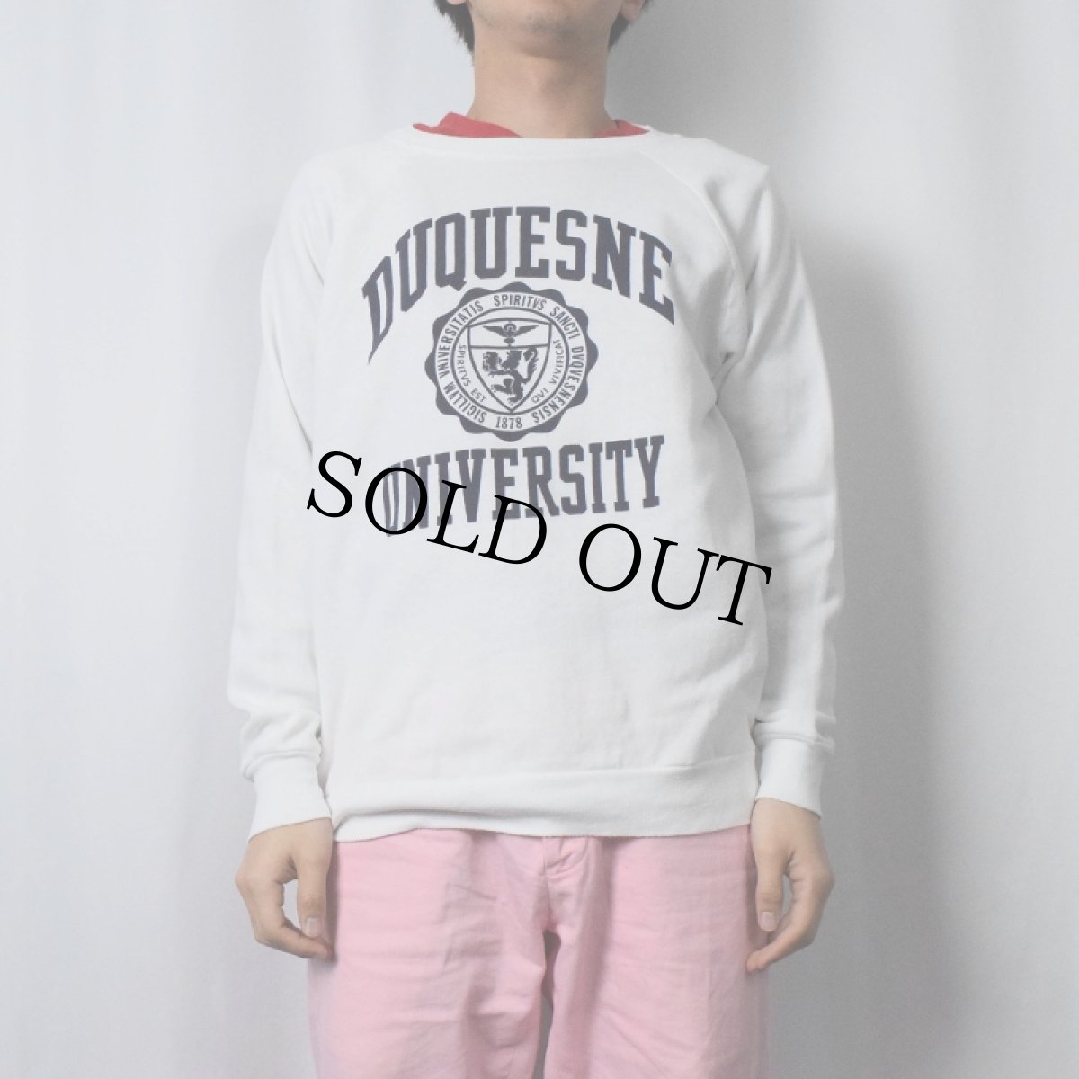 画像2: 80's Champion トリコタグ USA製 "DUQUESNE UNIVERSITY" プリントラグランスウェット XL (2)