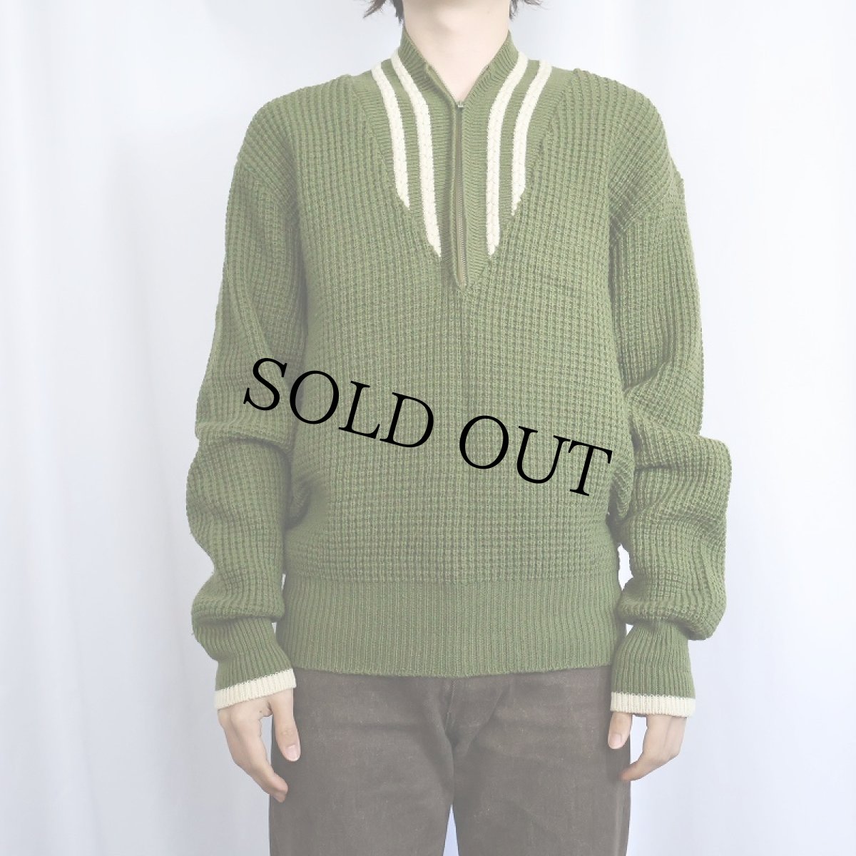 画像2: 【SALE】 60's Olympic Valley ハーフジップ ウールワッフルニットセーター L (2)