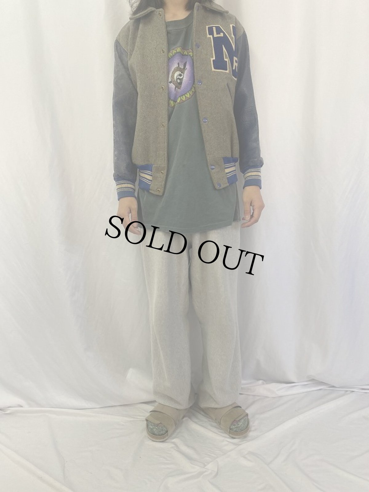 画像2: 60's ウイングフットパッチ付き 襟付き レザー×メルトンウールスタジャン SIZE40 (2)