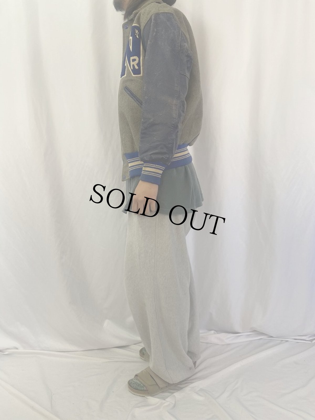 画像3: 60's ウイングフットパッチ付き 襟付き レザー×メルトンウールスタジャン SIZE40 (3)