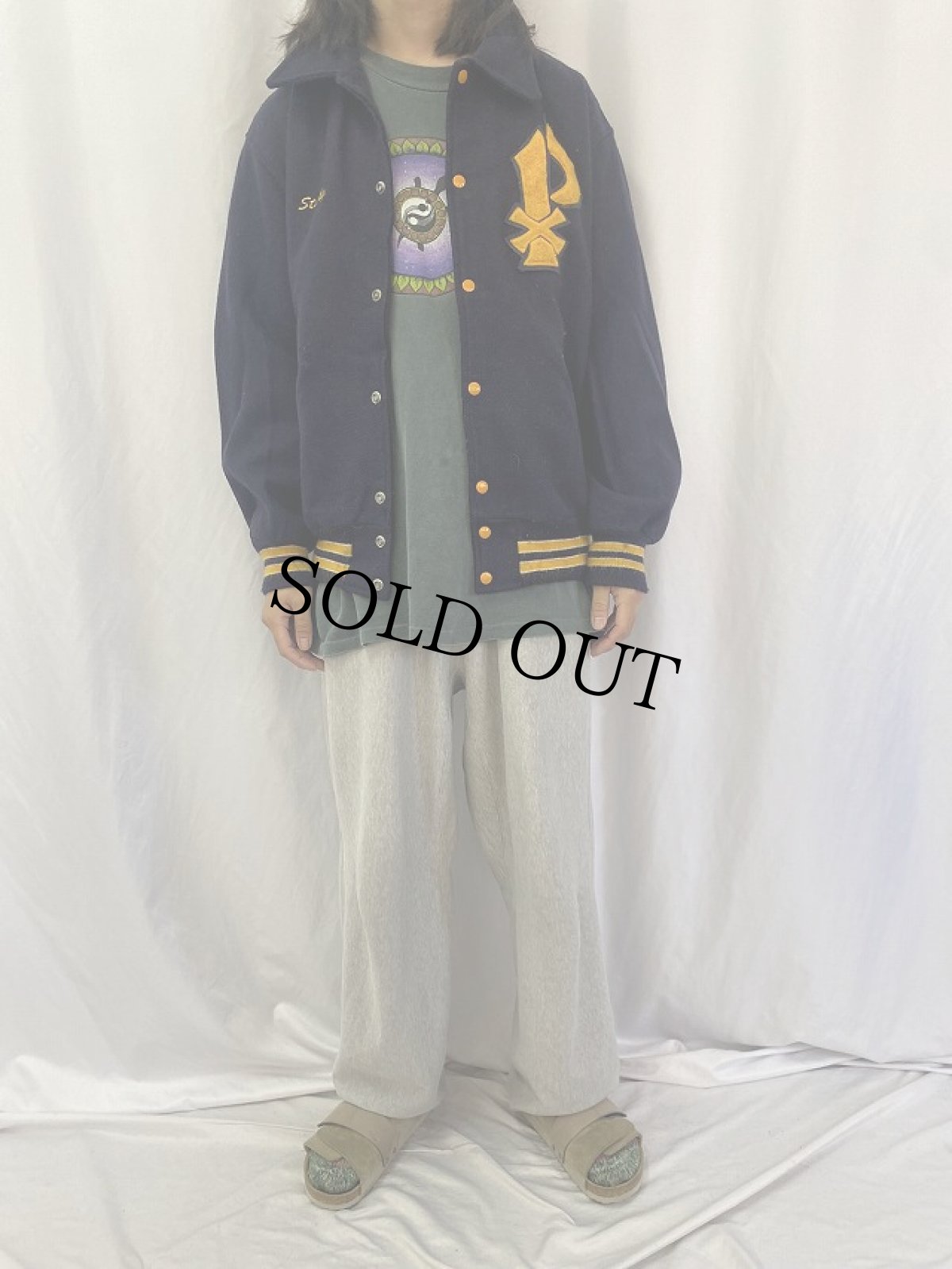 画像2: 80's DeLONG USA製 刺繍×パッチ付き メルトンウールスタジャン XL (2)