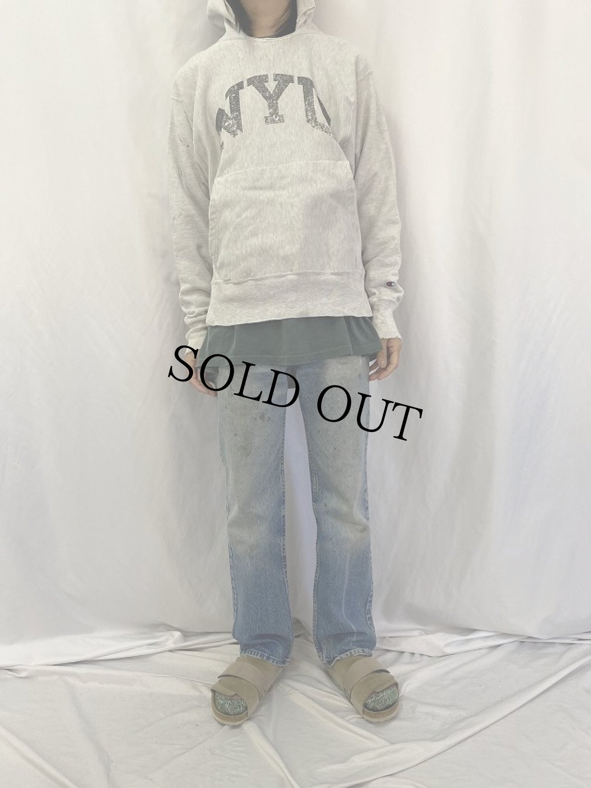 画像2: 00's Champion REVERSE WEAVE "NYU" プリントスウェットフーディー M (2)