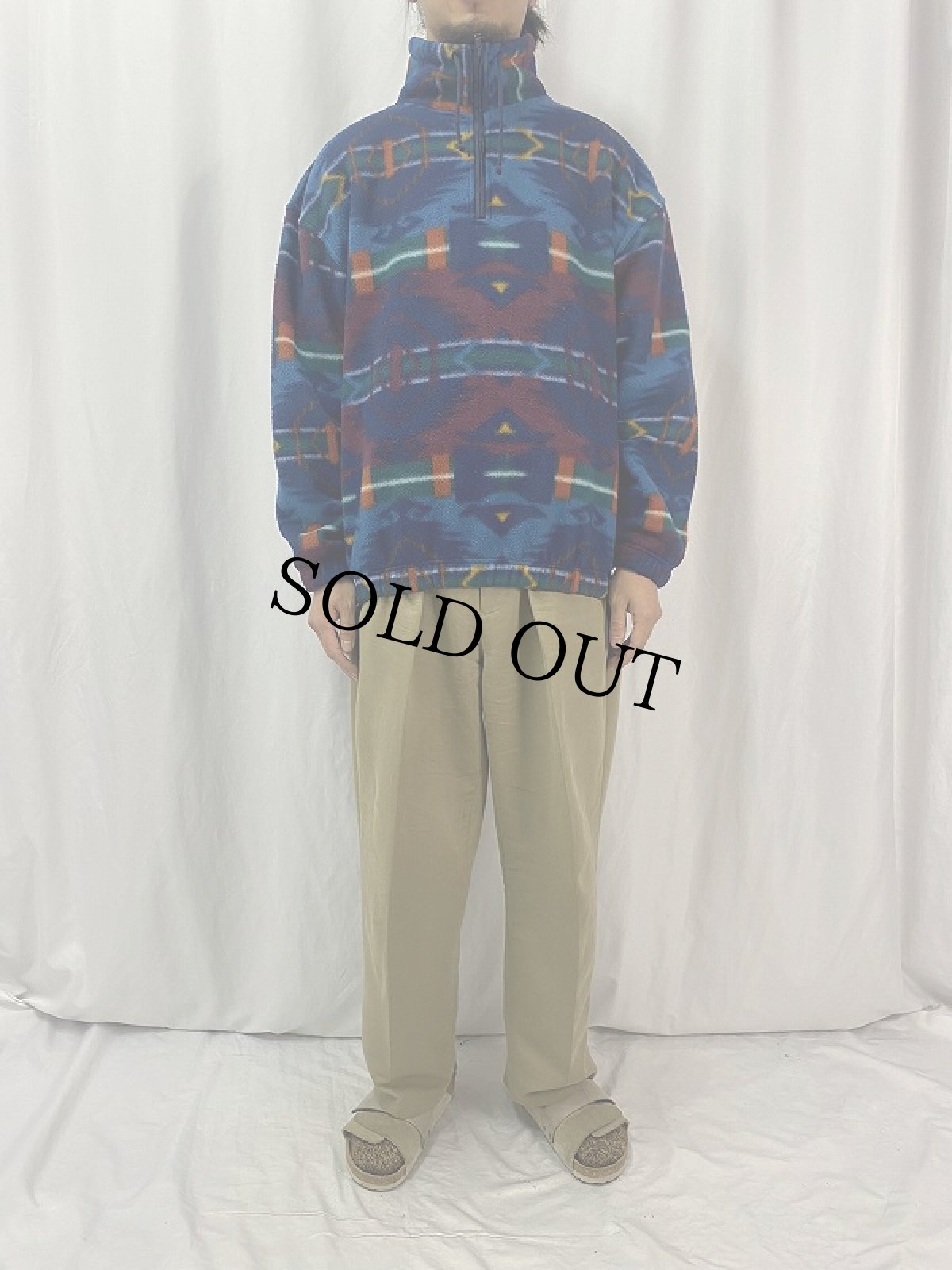 画像2: 90's J.J.OLIVER ネイティブ柄 ハーフジップ フリースジャケット L (2)