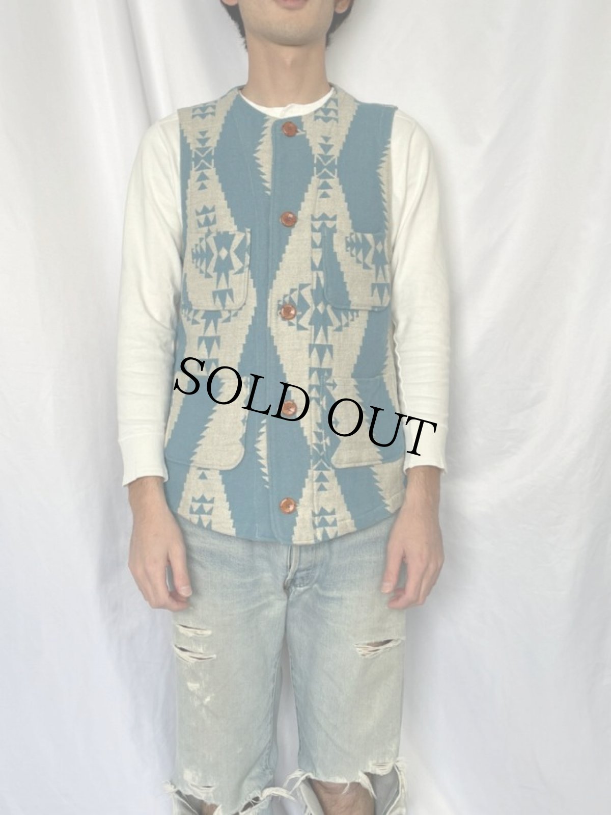画像2: KAPITAL ネイティブ柄 ウール×リネンベスト M (2)