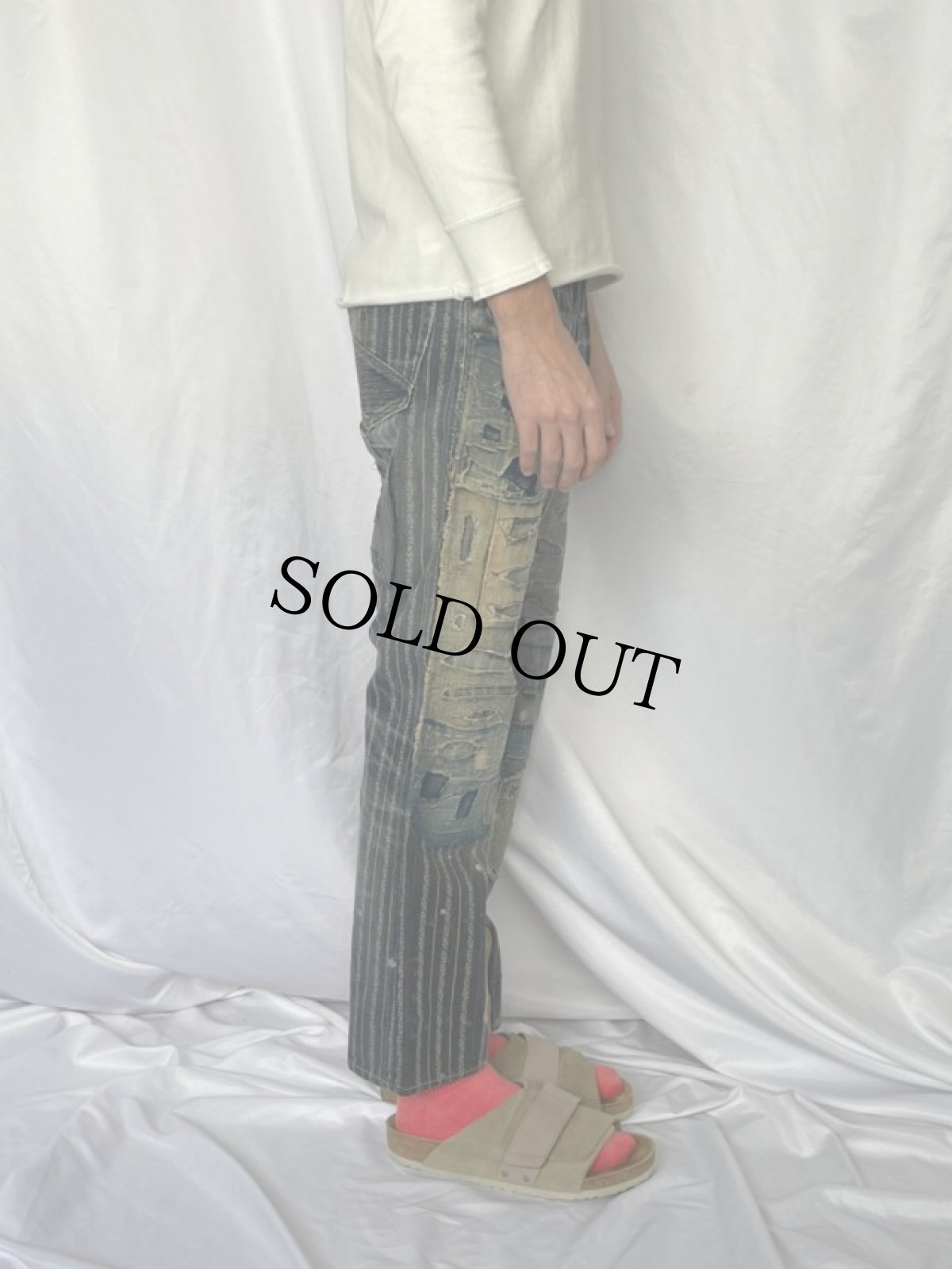 画像4: KAPITAL パッチワーク ボロ加工デニムパンツ W28 (4)