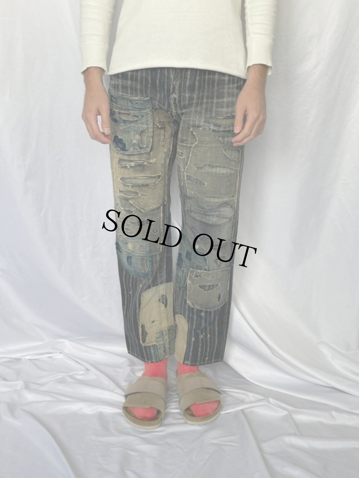 画像3: KAPITAL パッチワーク ボロ加工デニムパンツ W28 (3)