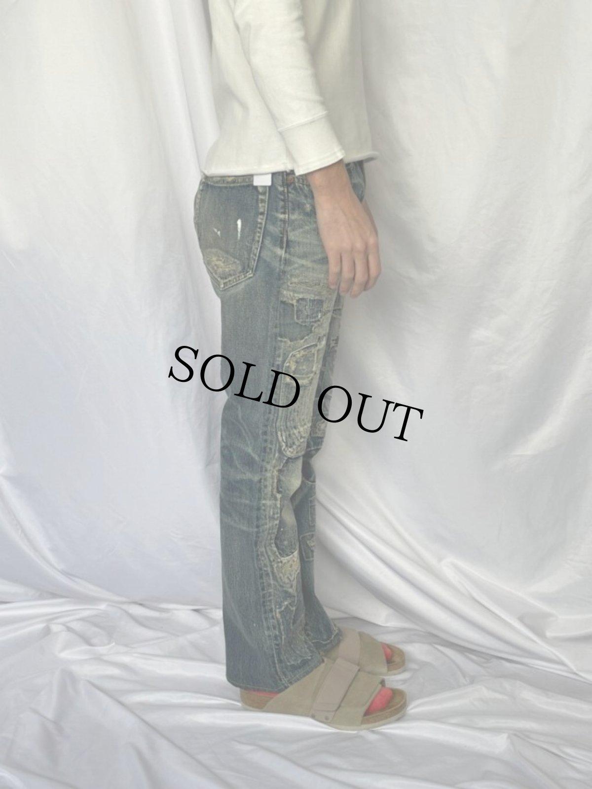 画像4: KAPITAL パッチワーク ボロ加工デニムパンツ W32 (4)