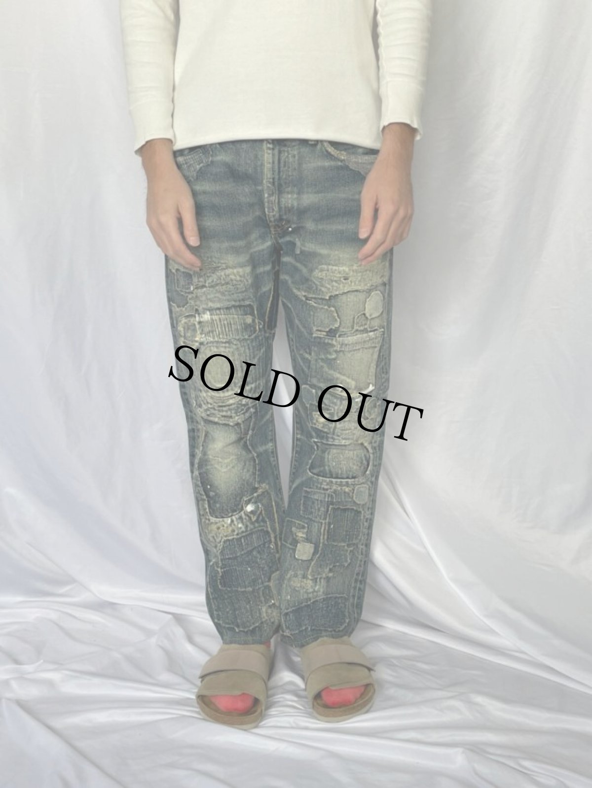 画像3: KAPITAL パッチワーク ボロ加工デニムパンツ W32 (3)