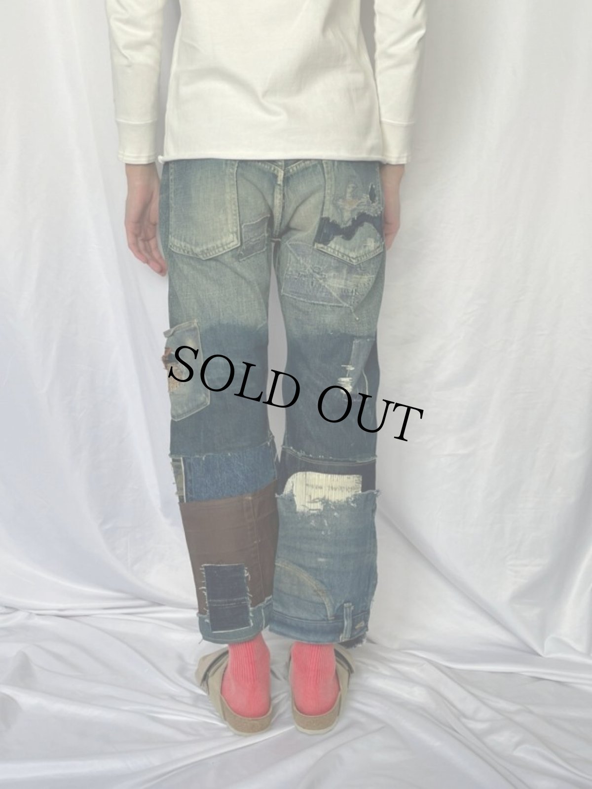 画像5: KAPITAL パッチワーク バックルバック ボロ加工デニムパンツ W30 (5)