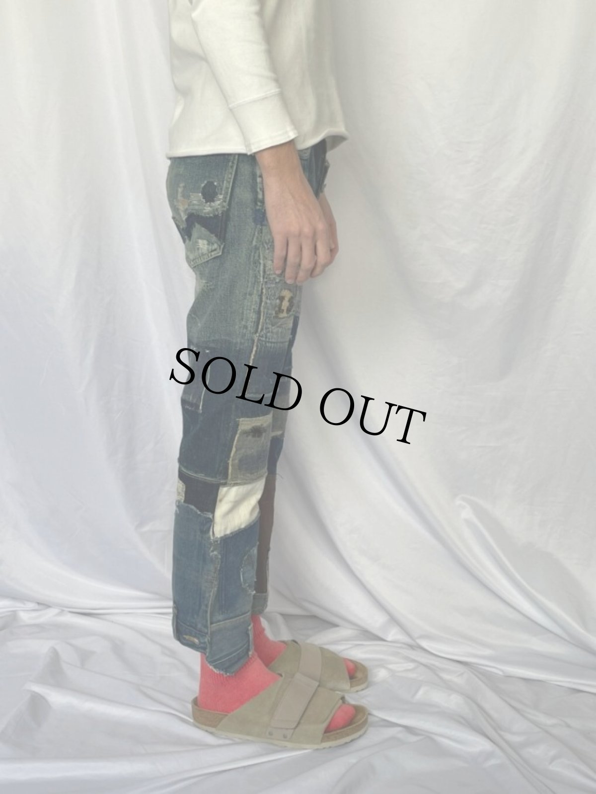 画像4: KAPITAL パッチワーク バックルバック ボロ加工デニムパンツ W30 (4)